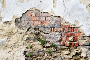 Fragment of tumbledown plastered brick wall
