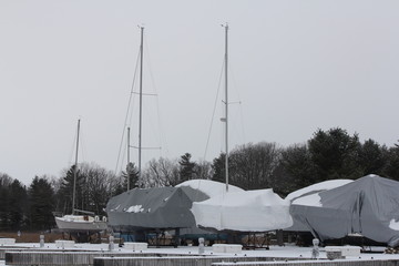 Shrink wrap on boats, on dry land during the winter season as protection against elements.

