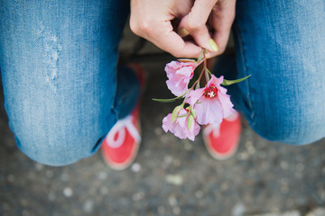 розовый цветок в руках у девушки