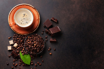 Coffee cup, beans, chocolate