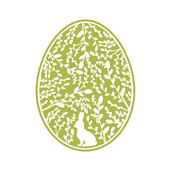 Christian religious holiday of Easter. Label with the hare and willow in the egg. Vector illustration.