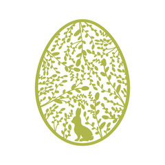 Christian religious holiday of Easter. Label with the hare and willow in the egg. Vector illustration.