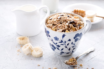 Healthy breakfast Muesli with milkhoney and banana