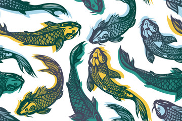 Seamless pattern with koi carp fish. Pond. Background in the Chinese style. Hand drawn. Vector illustration.