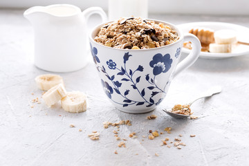 Healthy breakfast Muesli with milkhoney and banana