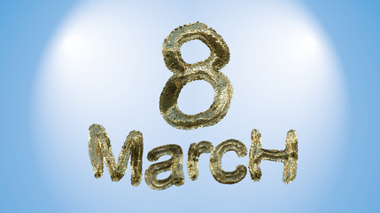 8 March symbol. Figure of eight made of golden city blocks or fur . Can be used as a decorative greeting grungy or postcard for international Woman's Day 3d illustration