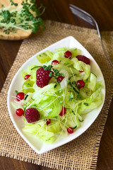 Fresh salad of raspberry, gooseberry, red currant, cucumber and iceberg lettuce with chia sprouts, photographed with natural light (Selective Focus on raspberry in middle of salad)