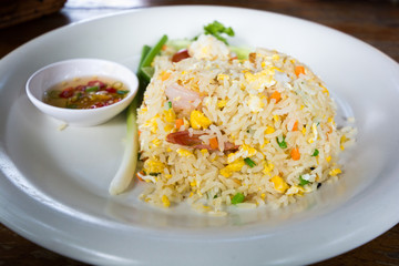 Shrimp fried rice on white dish