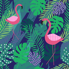 Tropical seamless pattern. Flamingo and palm leaves. Vector illustration. - 138854525