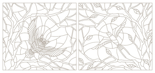 Fototapeta premium Set contour illustrations of stained glass with birds