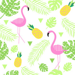 Fototapeta premium Tropical seamless pattern. Flamingo, palm leaves, pineapples, and triangles. Vector illustration.