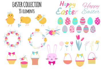Set of cute Easter elements: chicks, eggs, baskets, easter bunny, flowers and wreaths. Vector illustration.