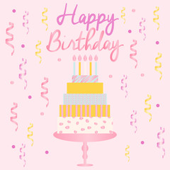 Happy Birthday card template with cake , candles, ribbons and confetti. Vector illustration.