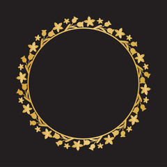 Gold round frame with floral elements. Greeting card with place for text, gold menu and invitation border. Vector illustration.