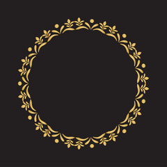 Gold round frame with floral elements. Greeting card with place for text, gold menu and invitation border. Vector illustration.