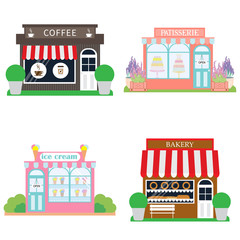 Set of vector flat design restaurants and shops facade icons: bakery, coffee shop, ice cream shop and patisserie. Vector illustration. - 138854596