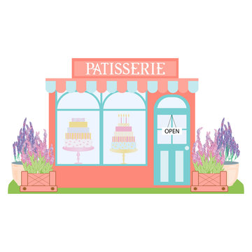Patisserie shop building front veiw in flat style. Patisserie facade. Vector illustration