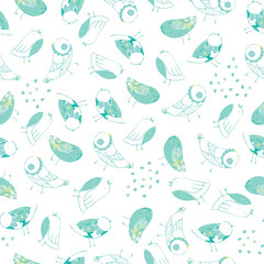 Spring birds hand drawn seamless vector pattern. Pencil drawn texture