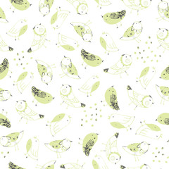 Spring birds hand drawn seamless vector pattern. Pencil drawn texture