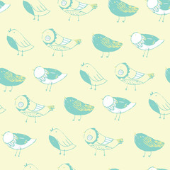 Spring birds hand drawn seamless vector pattern. Pencil drawn texture