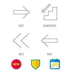 Arrows icons. Downstairs, next and back linear signs. Next, back arrows flat line icons. Shield protection, calendar and new tag web icons. Vector