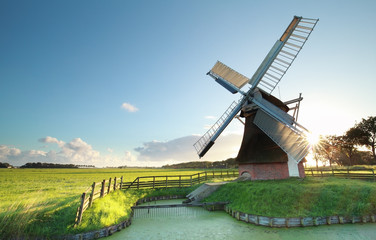 Naklejka premium Dutch windmill at summer sunrise