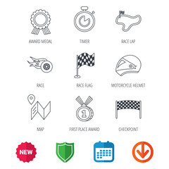 Race flag and speed icons. Winner medal, motorcycle helmet and timer linear signs. Map navigation flat line icons. New tag, shield and calendar web icons. Download arrow. Vector