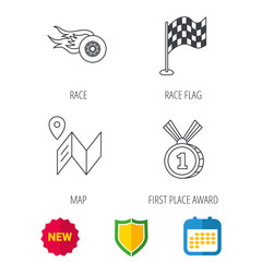 Race flag, map and winner award icons. First place medal, wheel on fire linear signs. Shield protection, calendar and new tag web icons. Vector