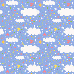 seamless pattern with clouds, stars and confetti