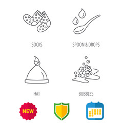Baby clothes, bath and hat icons. Socks, spoon with drops and bubbles linear signs. Shield protection, calendar and new tag web icons. Vector