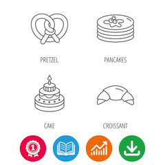 Croissant, pretzel and pancakes icons. Sweet cake linear sign. Award medal, growth chart and opened book web icons. Download arrow. Vector