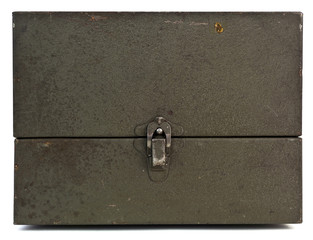 Front view of old green metal box. Isolated.