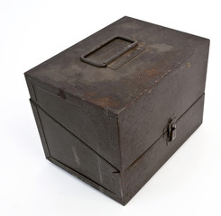 Front, top and side view of old green metal box. Isolated.