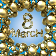 8 March symbol eight made of fur flying in the space and round by golden frame. Can be used as a decorative greeting grungy or postcard for international Woman's Day. 3d illustration