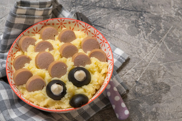 Mashed potatoes with sausage, food art for kids