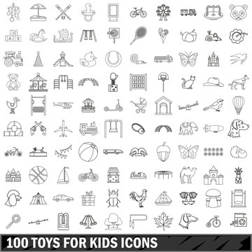 100 toys for kids icons set, outline style