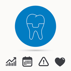 Dental crown icon. Tooth prosthesis sign. Calendar, attention sign and growth chart. Button with web icon. Vector