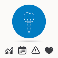 Dental implant icon. Oral prosthesis sign. Calendar, attention sign and growth chart. Button with web icon. Vector