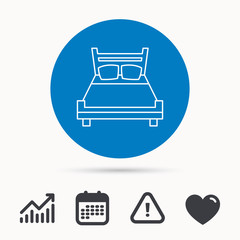 Double bed icon. Sleep symbol. Calendar, attention sign and growth chart. Button with web icon. Vector