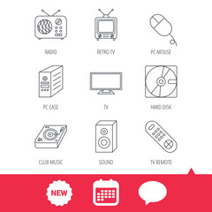 Sound, club music and retro radio icons. PC mouse and case, hard disk linear signs. TV remote icons. New tag, speech bubble and calendar web icons. Vector