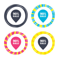 90 percent sale pointer tag sign icon.
