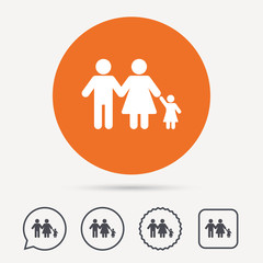 Family icon. Father, mother and child symbol. Circle, speech bubble and star buttons. Flat web icons. Vector
