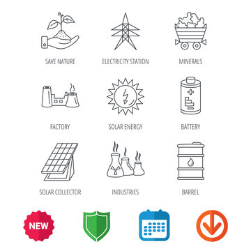 Solar collector energy, battery and oil barrel icons. Minerals, electricity station and factory linear signs. Industries, save nature icons. New tag, shield and calendar web icons. Download arrow