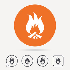 Fire icon. Blazing bonfire flame symbol. Circle, speech bubble and star buttons. Flat web icons. Vector