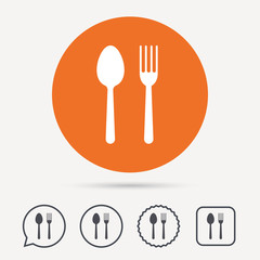 Food icons. Fork and spoon signs. Cutlery symbol. Circle, speech bubble and star buttons. Flat web icons. Vector