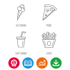 Ice cream, pizza and soft drink icons. Chips fries linear sign. Award medal, growth chart and opened book web icons. Download arrow. Vector