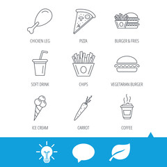 Vegetarian burger, pizza and soft drink icons. Coffee, ice cream and chips fries linear signs. Chicken leg, carrot icons. Light bulb, speech bubble and leaf web icons. Vector