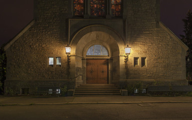 Church entrance in Oslo at night