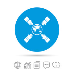 Hands reach for earth sign icon. Save planet.