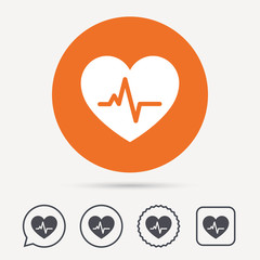 Heartbeat icon. Cardiology symbol. Medical pressure sign. Circle, speech bubble and star buttons. Flat web icons. Vector